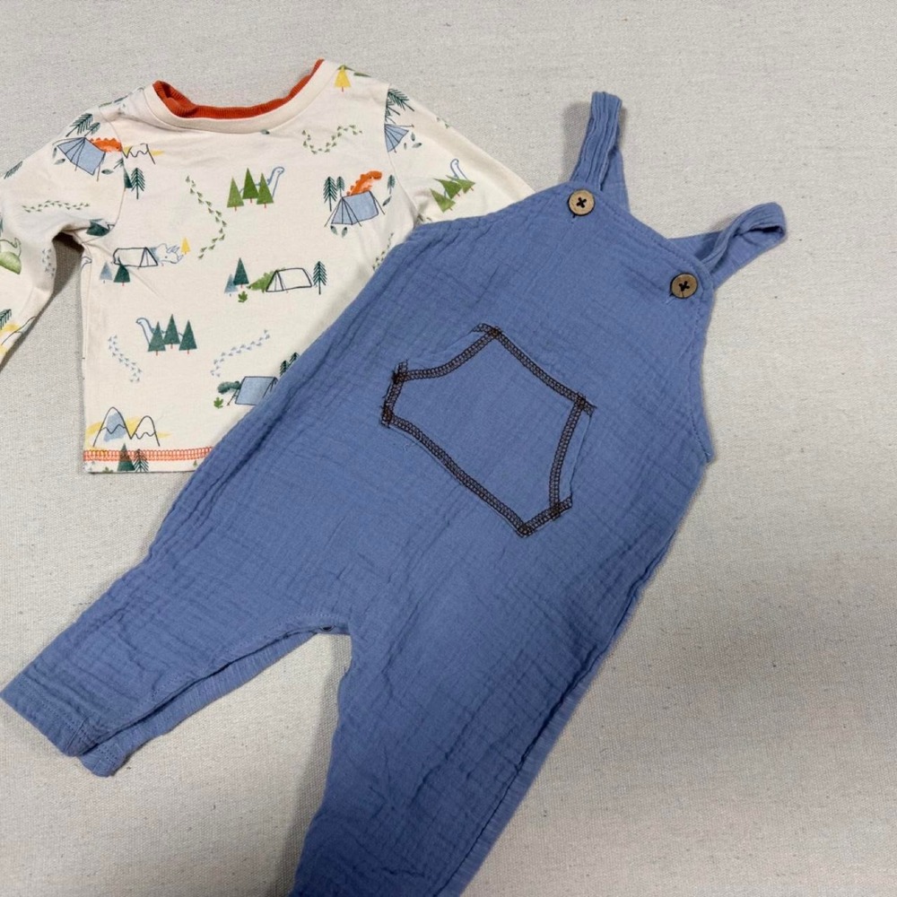 Mud Pie Baby Boys Dinosaur Camping Tee and Blue Gauze Overalls Set 3-6M